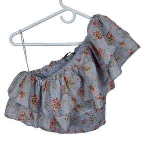 Abercrombie & Fitch Blue Floral Ruffle One Shoulder Top, Size S